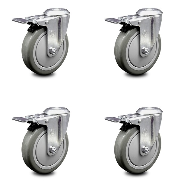 5 Inch Gray Polyurethane Swivel Bolt Hole Caster Set with Total Lock Brake SCC